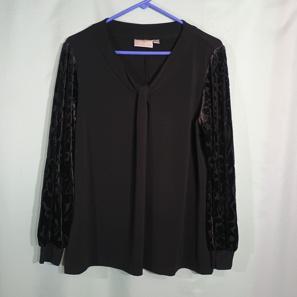 Women’s Black Velvet Sleeve Blouse – Tie Neck Long Sleeve Dressy Top